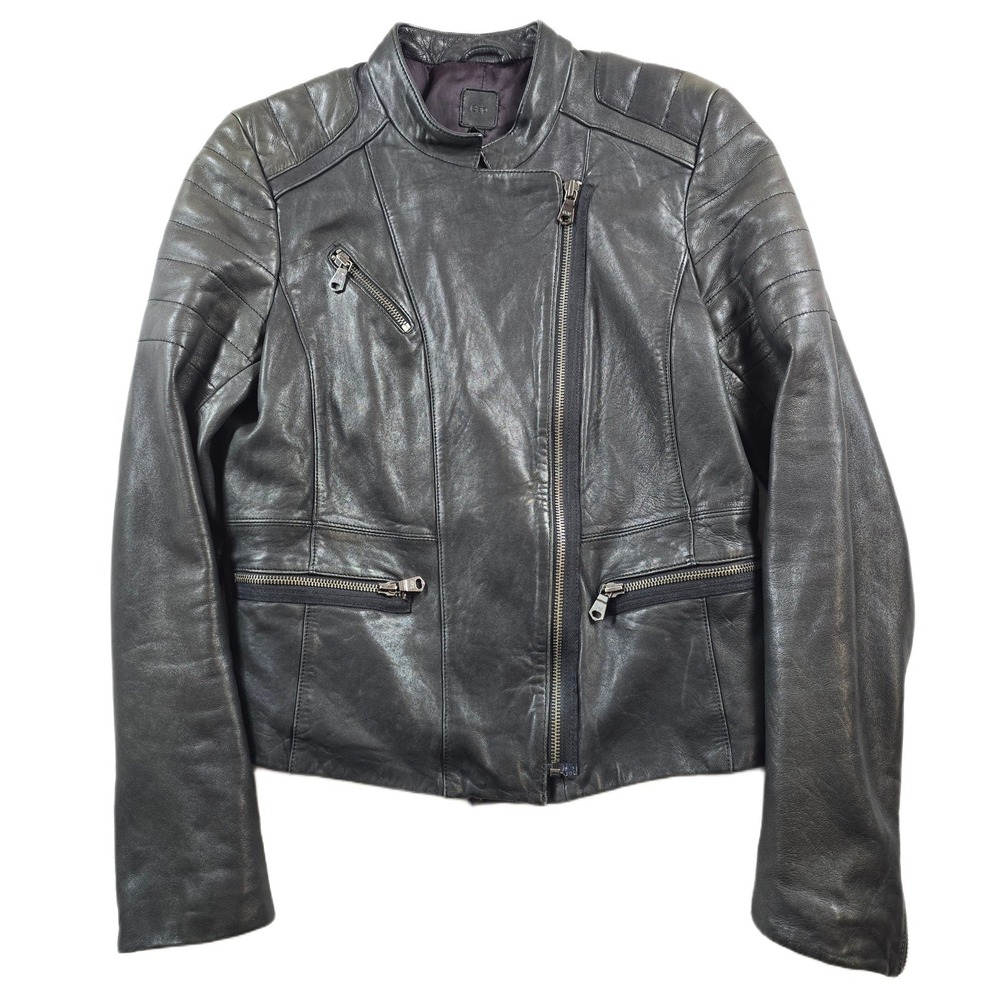 Gap Leather Moto Jacket Womens Small Black Biker Quilted Shoulder Y2K Vintage